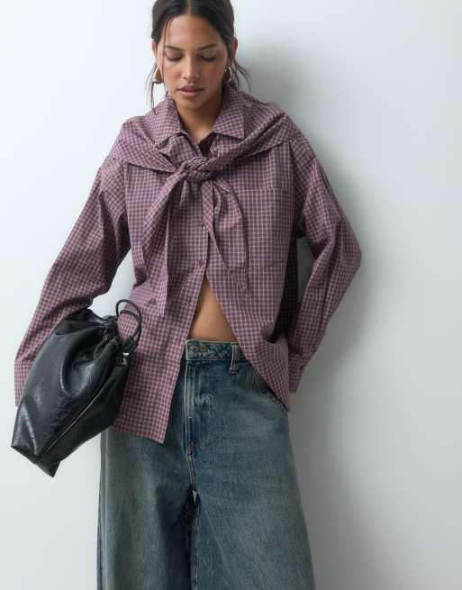 JJXX check shirt with matching triangle scarf in burgundy, 2 of 5