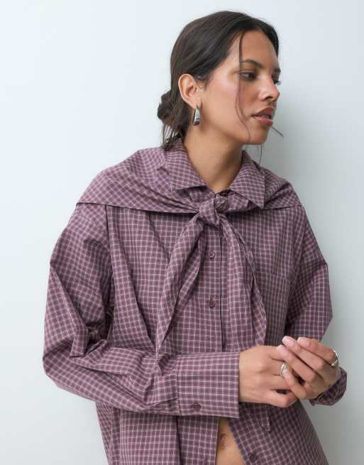 JJXX check shirt with matching triangle scarf in burgundy, 3 of 5