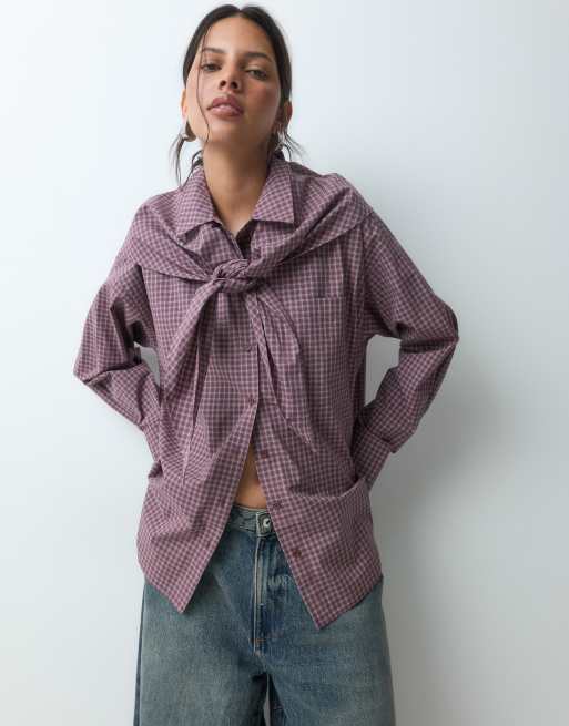 JJXX check shirt with matching triangle scarf in burgundy, 5 of 5