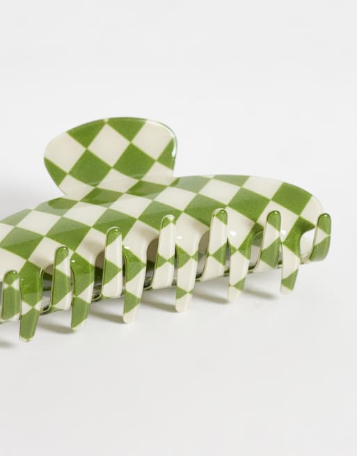 JJXX checked hairclaw in olive green, 2 of 3