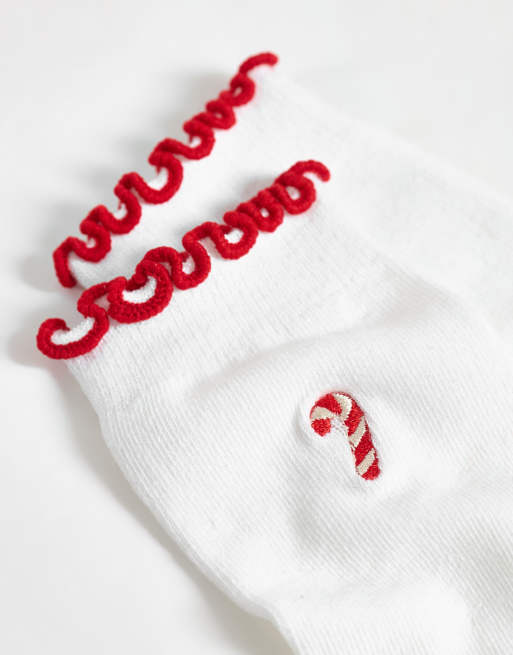 JJXX christmas candy cane frilly socks in white and red, 2 of 3