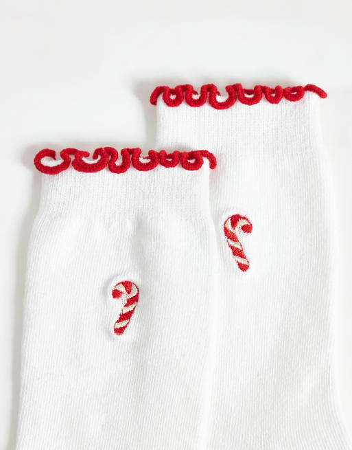 JJXX christmas candy cane frilly socks in white and red, 3 of 3