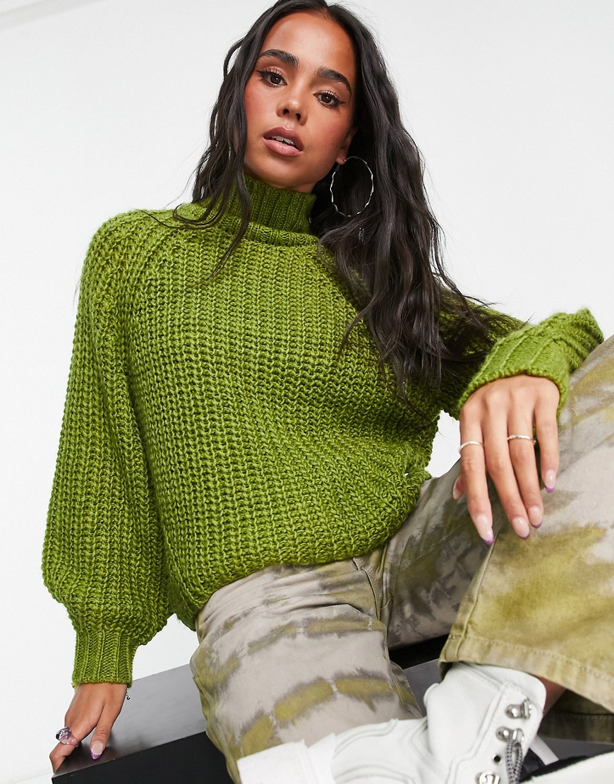 JJXX chunky knit high neck jumper in lime-Green