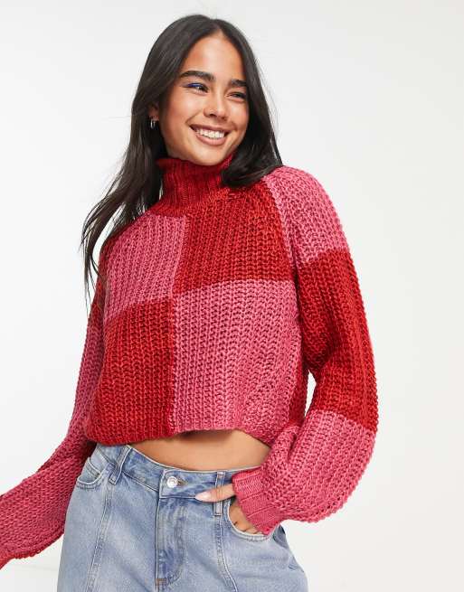 JJXX - Chunky striktrøje med pink og rød farveblokke