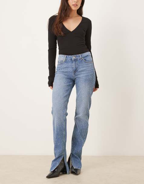 JJXX Ciara flare jeans with rhinestone details in mid blue