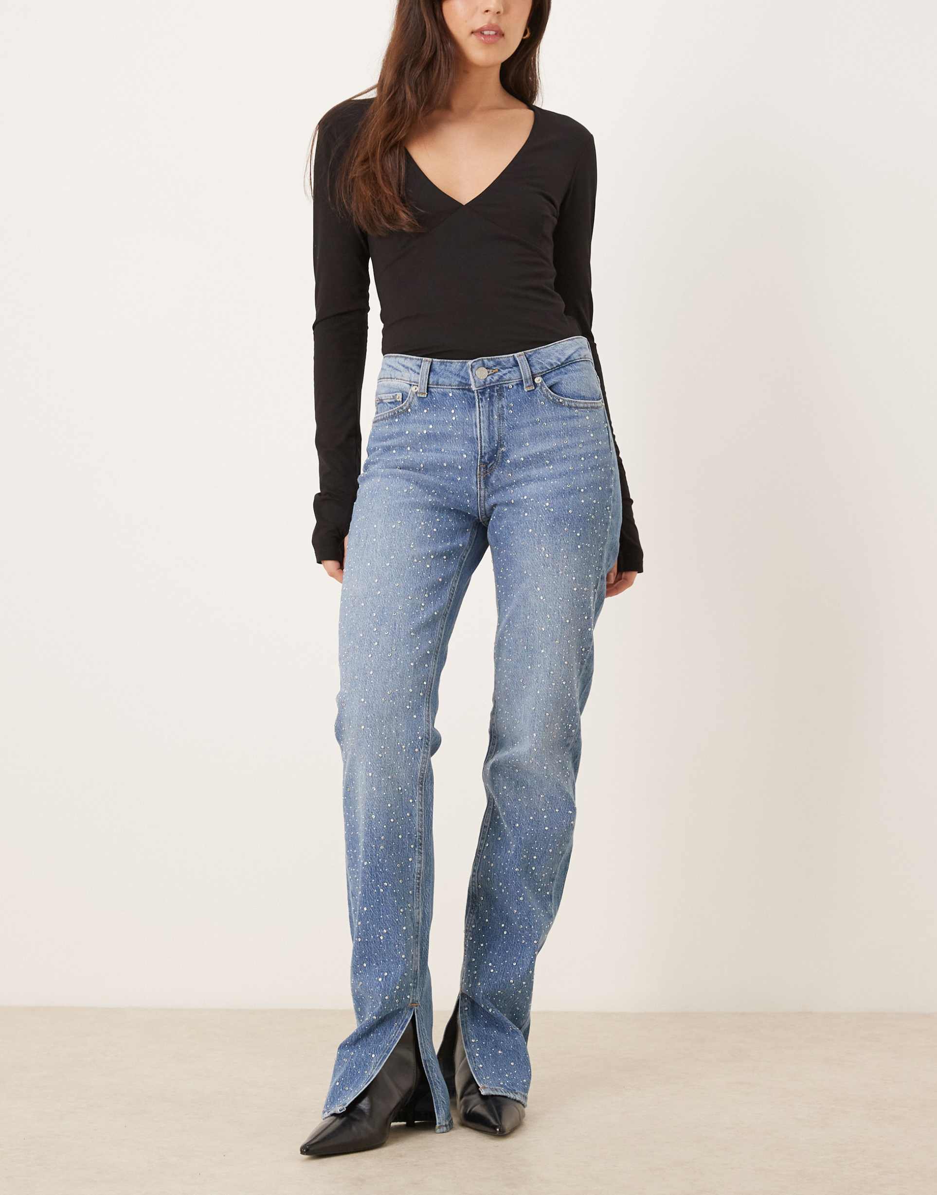 jjxx ciara flared jeans with rhinestone detail in mid blue