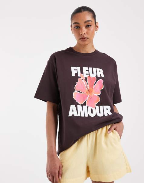 JJXX – Ciemnobrązowy T-shirt oversize z nadrukiem „Fleur Amore” - view 1