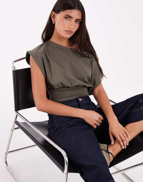JJXX cinched waist off shoulder top in olive green - view 1