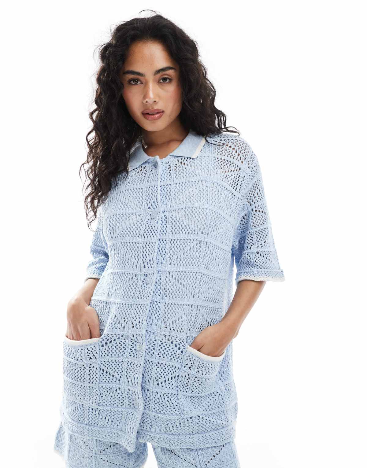 JJXX co ord crochet shirt in blue
