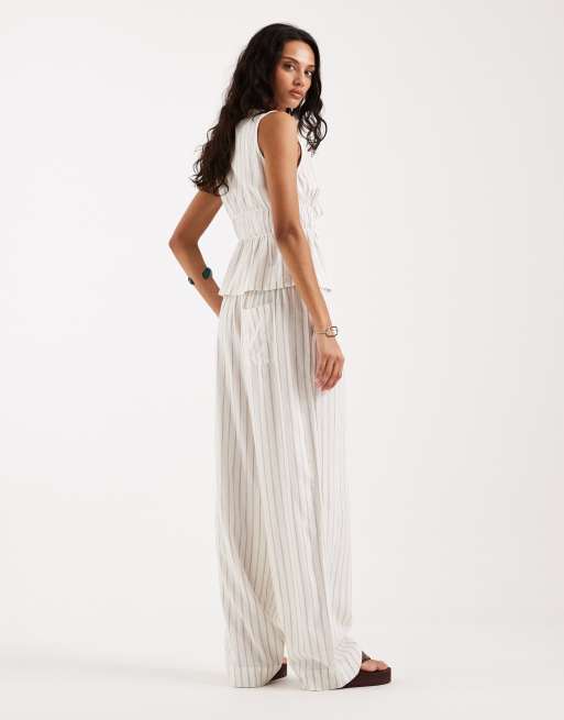 JJXX co ord linen blend stripe trousers in white, 5 of 5