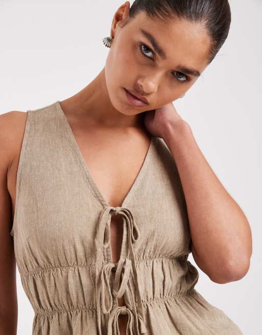 JJXX co-ord linen blend tie up front top in beige, 2 of 4