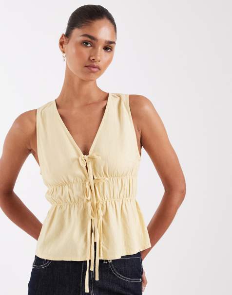 JJXX co-ord linen blend tie up front top in butter yellow - view 1