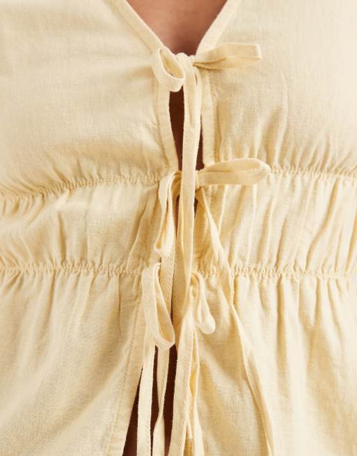 JJXX co-ord linen blend tie up front top in butter yellow, 4 of 4