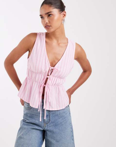 JJXX co-ord linen blend tie up front top in pink stripe - view 1