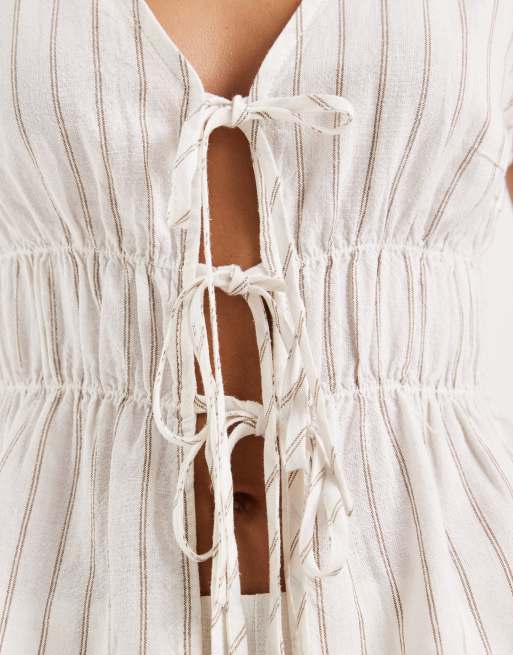JJXX co-ord linen blend tie up front top in white stripe, 3 of 4