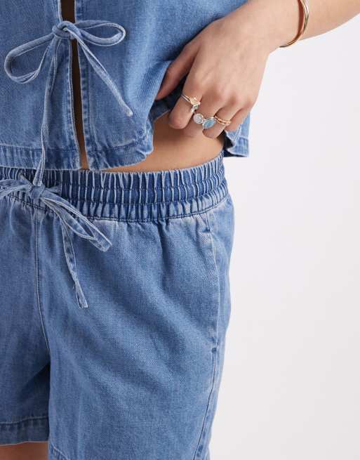 JJXX co-ord linen mix drawstring pull on shorts in mid blue, 4 of 5