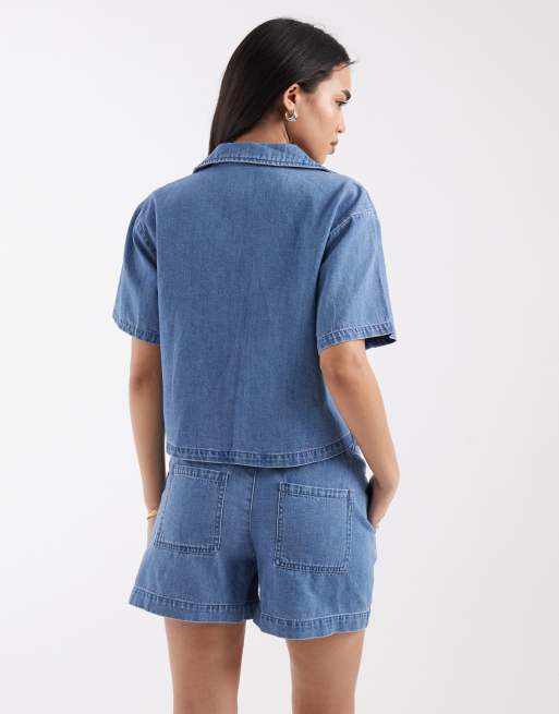 JJXX co-ord linen mix drawstring pull on shorts in mid blue, 5 of 5