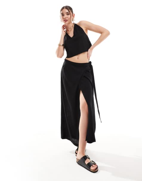 JJXX co-ord linen mix wrap maxi skirt in black - view 1