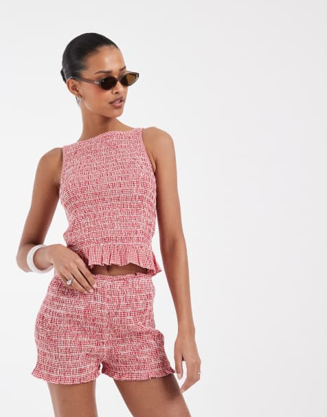 JJXX co-ord seersucker check top in red  - view 1