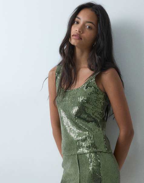 JJXX co-ord sequin top in olive green - view 1