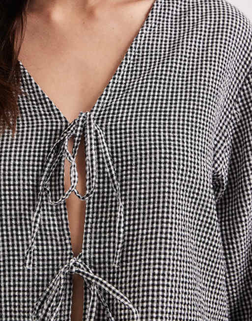 JJXX co ord tie front gingham top in black and white, 3 of 4