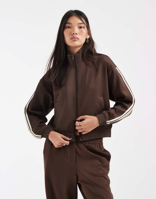JJXX co-ord zip through jacket with stripe detail in brown, 2 of 4