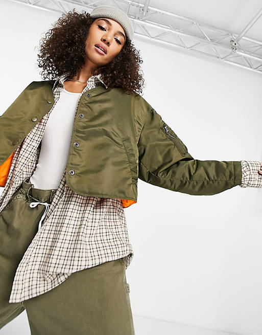 JJXX collarless bomber jacket in khaki green with contrast lining