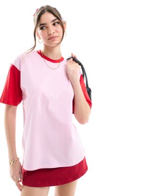 color block oversized t-shirt in pink red-Multi