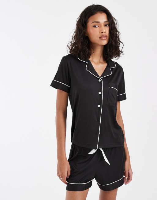 JJXX completo pigiama con top e shorts con profili a contrasto nero, 2 di 4