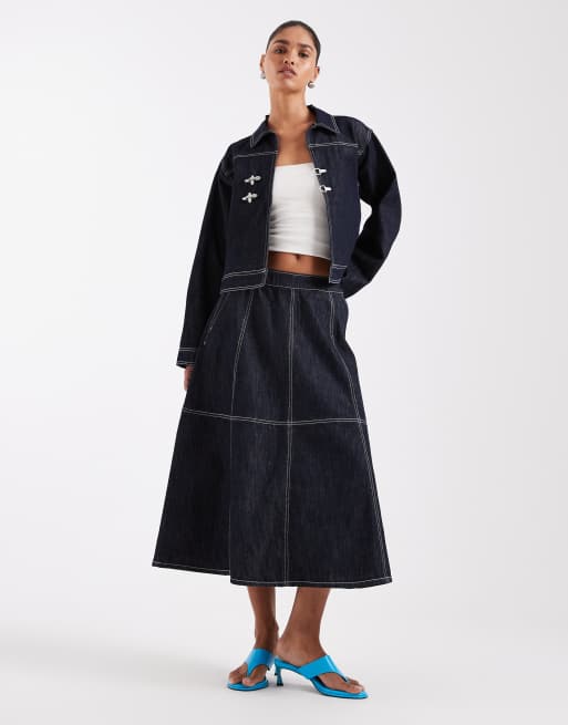 JJXX contrast stitch denim jacket with fireman clasp in dark blue