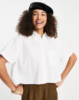 JJXX cotton blend cropped shirt in white - WHITE - ASOS Price Checker
