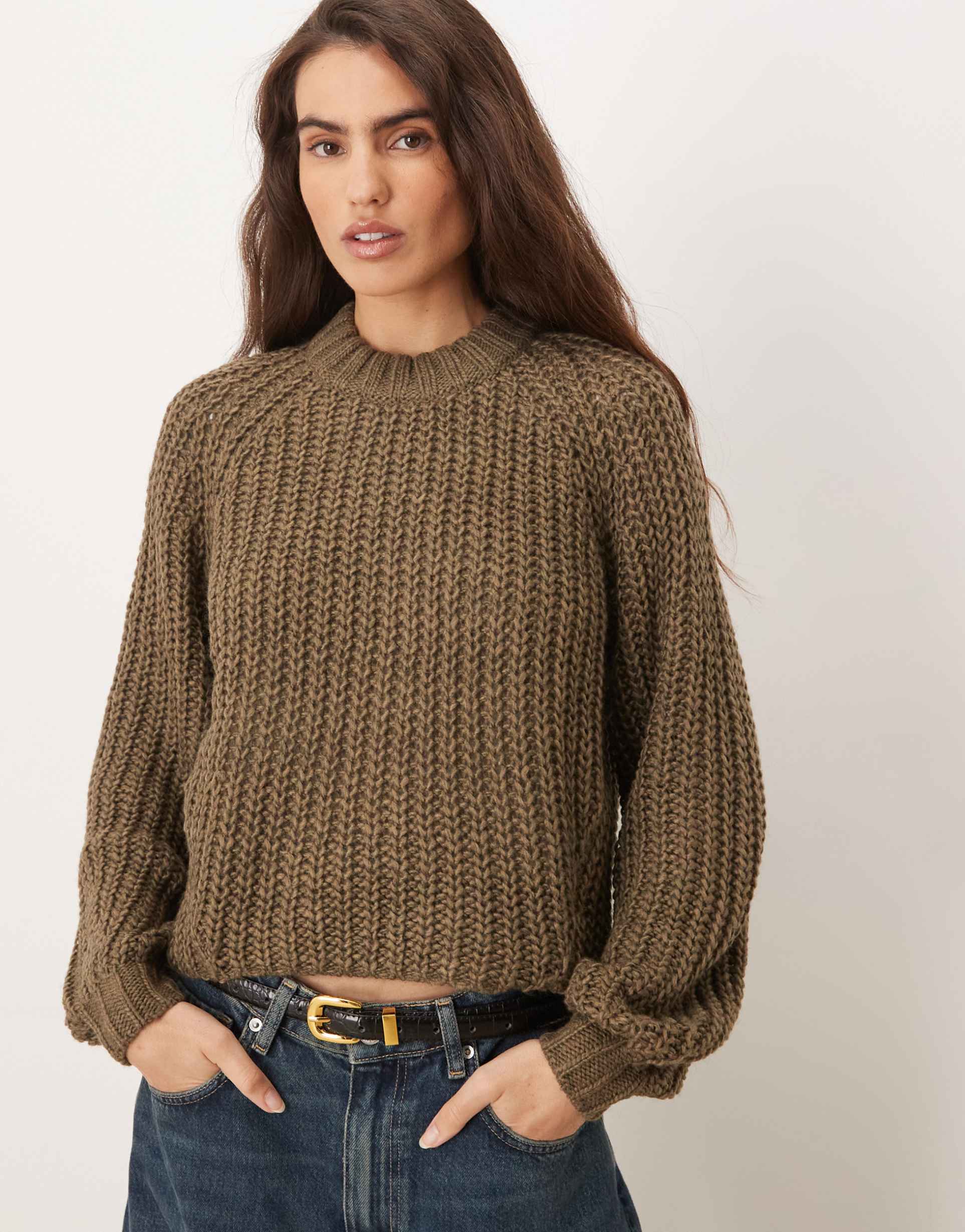 jjxx crew neck chunky knit sweater in brown