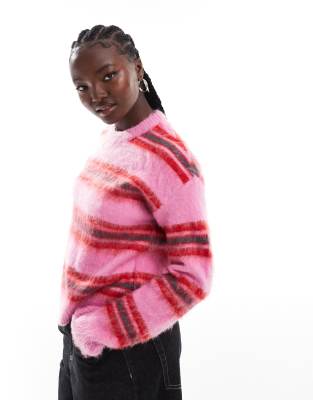 crew neck sweater in pink red stripe-Multi