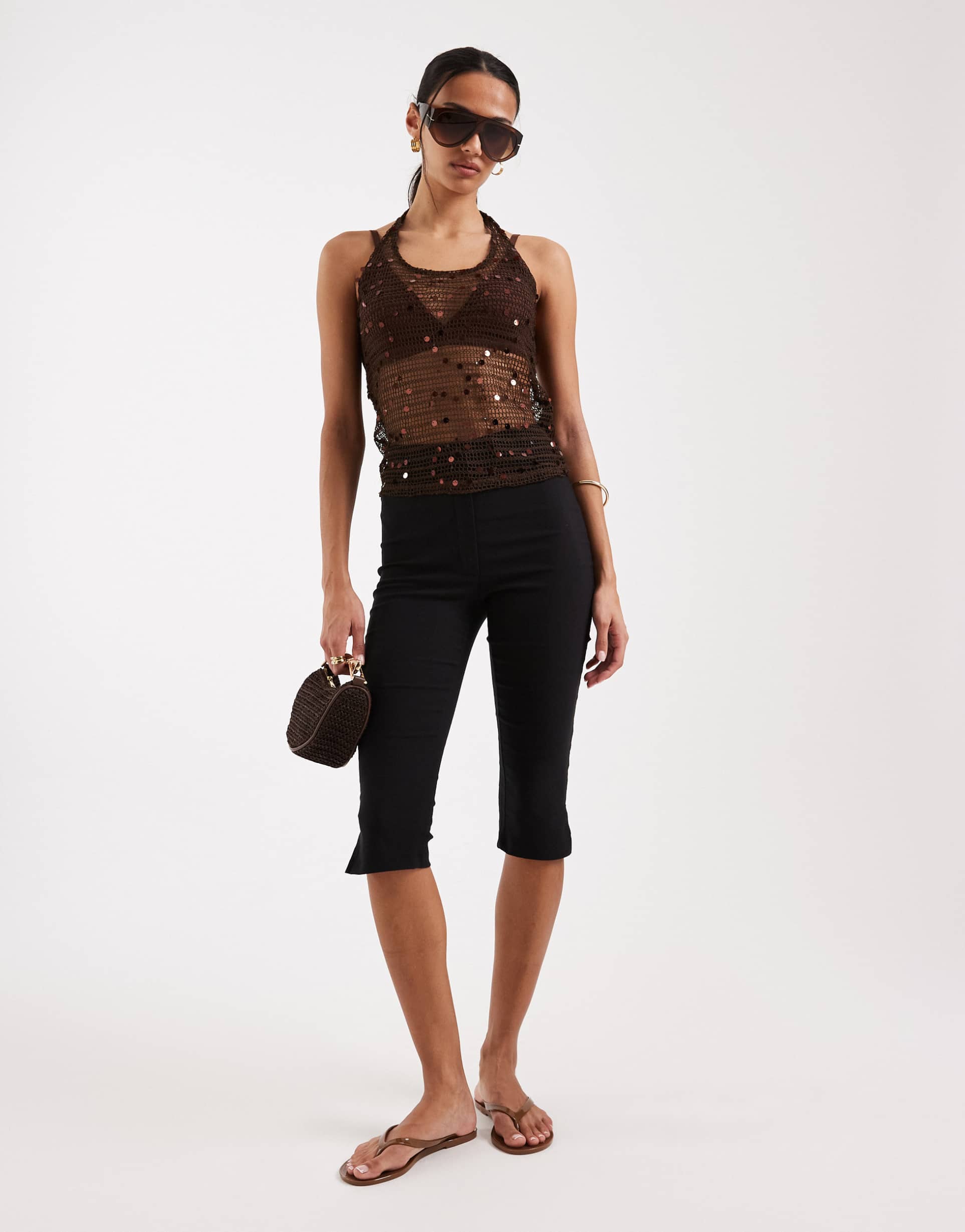jjxx crochet halter top with sequins in brown