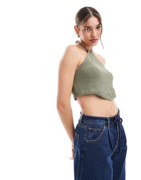 JJXX crochet halterneck top in khaki - view 1