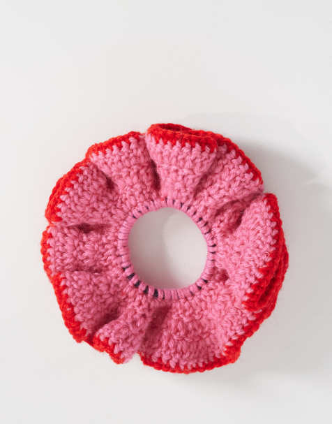 JJXX crochet scrunchie in pink and red - view 1
