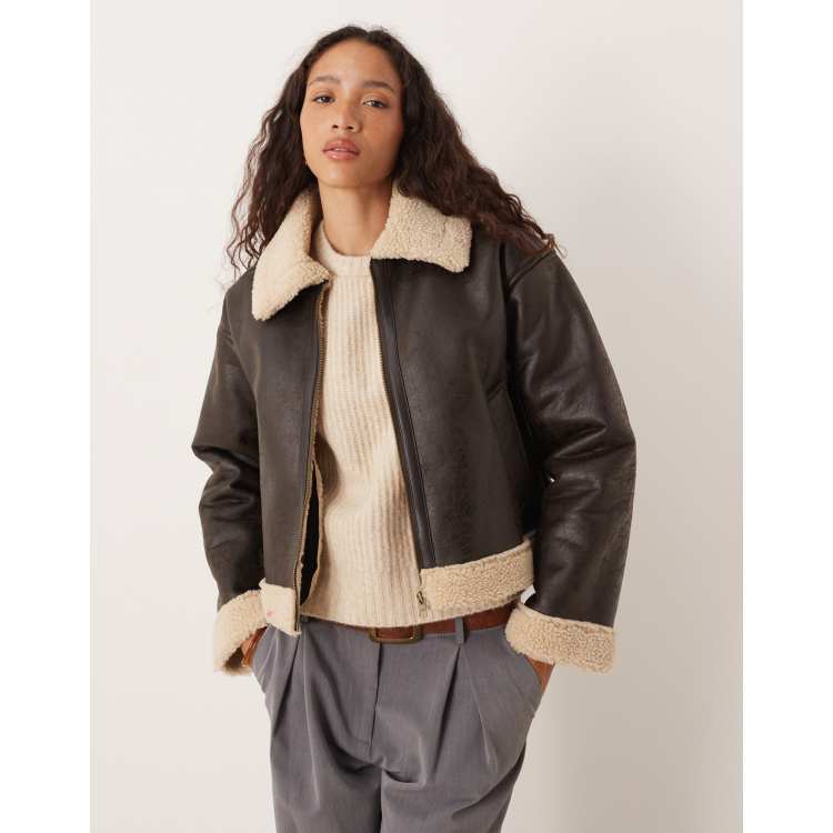 JJXX cropped aviator jacket in brown | ASOS
