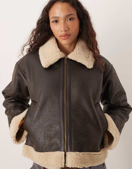 JJXX cropped aviator jacket in brown | ASOS