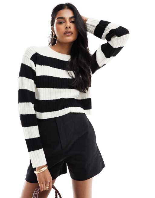 JJXX - Cropped boxy geribbelde gestreepte trui in zwart en beige