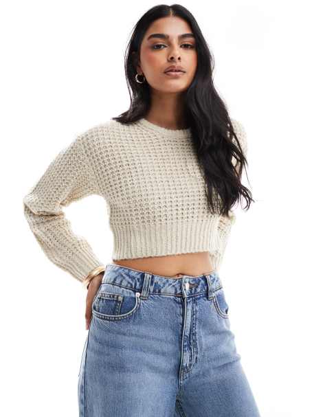 JJXX - Cropped boxy geribbelde trui in gemêleerd beige - view 1