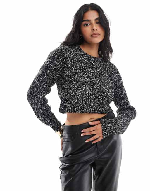 JJXX cropped boxy ribbed jumper in black marl ASOS