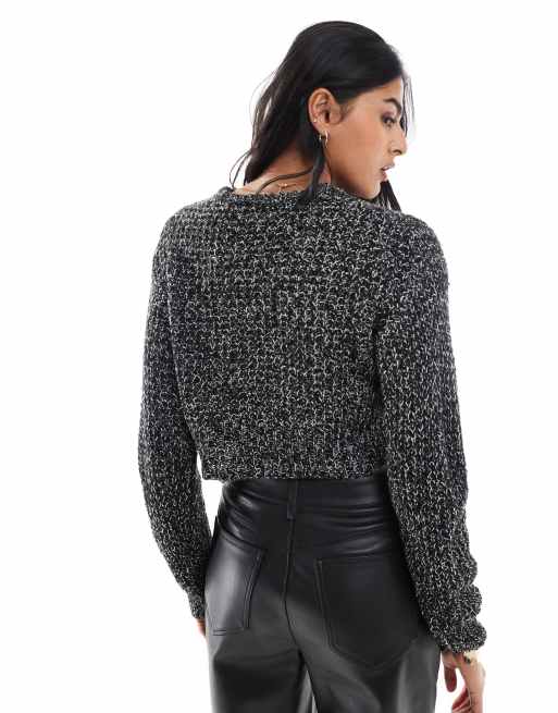 JJXX cropped boxy ribbed jumper in black marl, 2 of 4