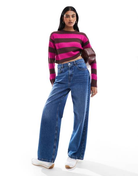 JJXX cropped boxy stripe ribbed jumper in burgundy & pink - view 1