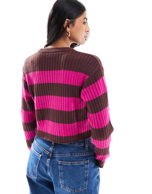 JJXX cropped boxy stripe ribbed sweater in burgundy & pink
