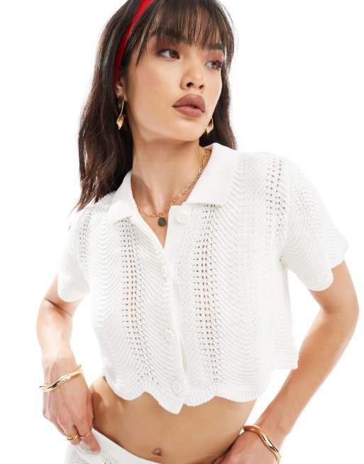 JJXX cropped crochet button up top in white - part of a set