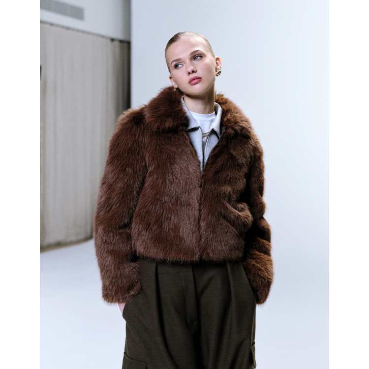 JJXX cropped faux fur zip coat in brown | ASOS