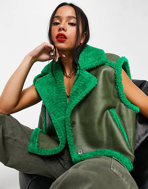 JJXX cropped faux shearling gilet in olive and bright green