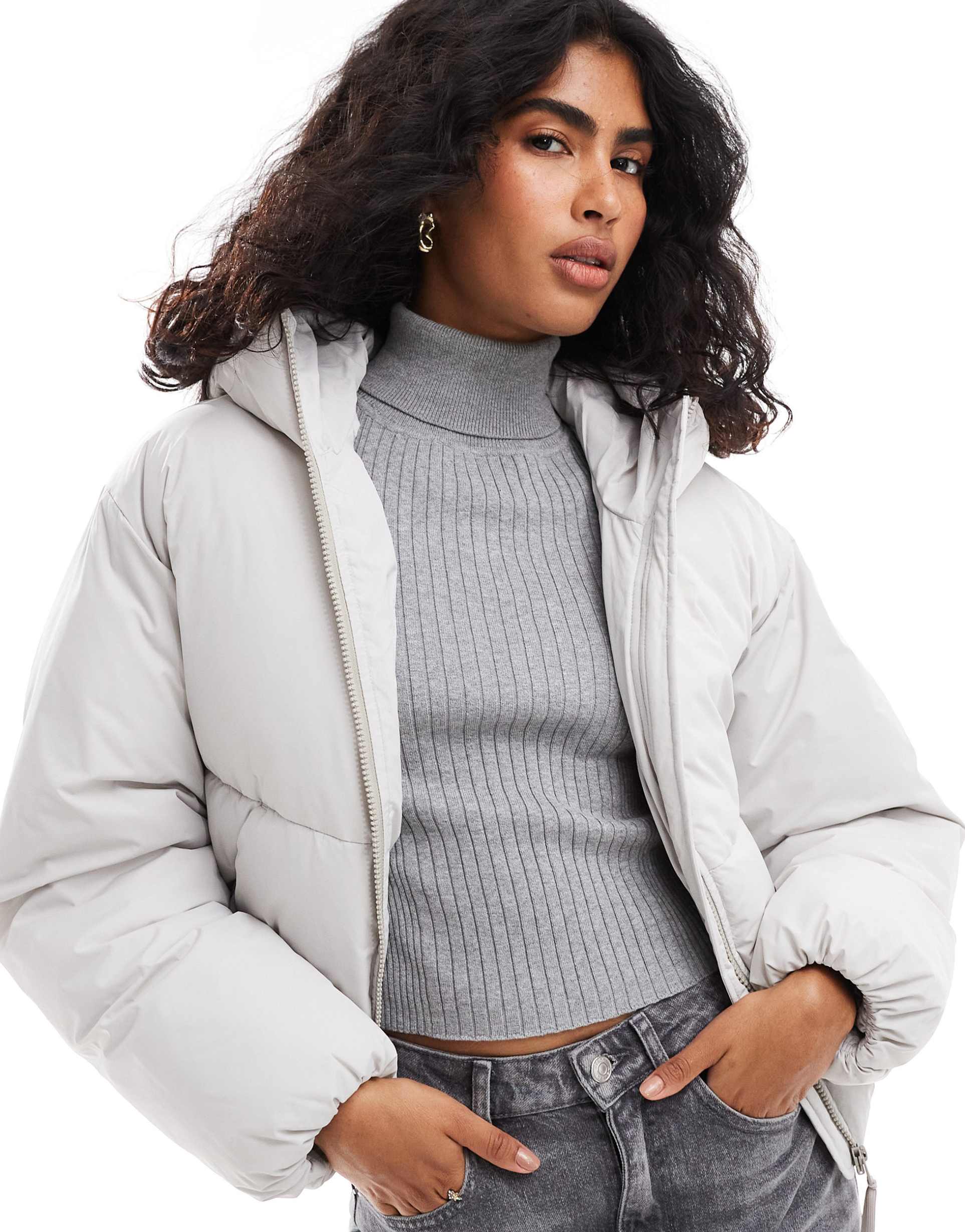 jjxx cropped hooded puffer jacket in light gray