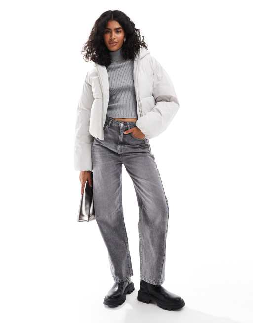 Grey puffer jacket cropped best sale