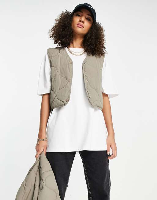 JJXX cropped nylon vest in taupe onion quilt